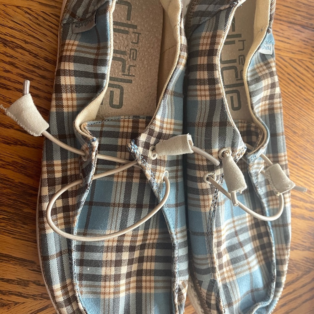Hey Dude Blue and Brown Plaid Shoes